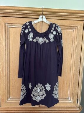 Johnny Was Plum Long-Sleeve Embroidered Scoop Dress
